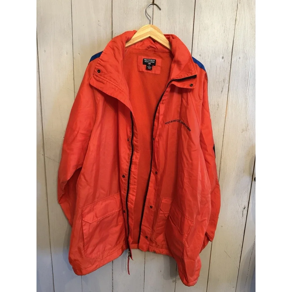 Vintage Polo Jeans Ralph Lauren  Rain Outerwear Jacket Hooded 67 Stripe Sz-XL O2